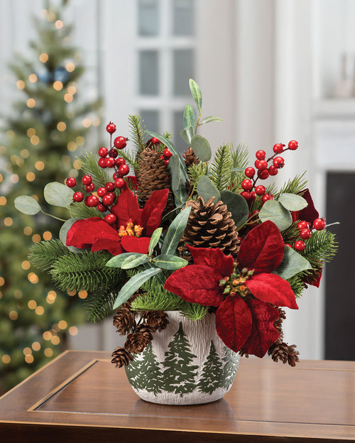 Plush Velvet Poinsettia, Pine & Berries Artificial Christmas Bouquet, available at Petals.