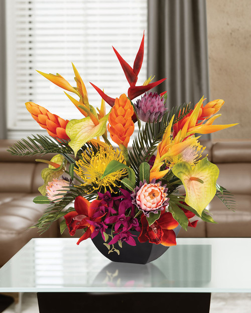 Ginger, Heliconia & Orchid Faux Flower Arrangement.