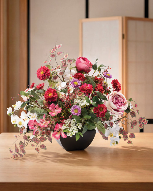 Cabbage rose, zinnia, and orchid silk flower centerpiece in a black square resin bowl with vibrant, lifelike blooms
