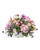 Garden-style silk flower arrangement in white ceramic bowl with hydrangeas, roses, and mixed blooms.