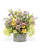 Daisies, lavender, and lilacs faux flower centerpiece in a galvanized metal bowl, styled like a wild summer meadow arrangement