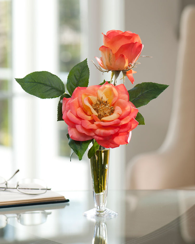 Open Rose & Bud Silk Flower Accent