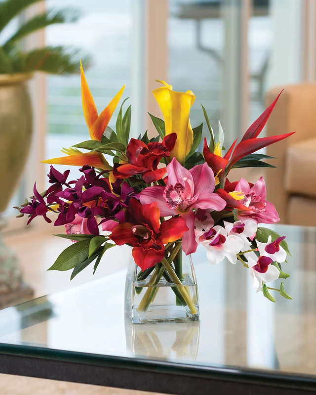 Faux Orchids & Heliconia Tropical Flower Arrangement