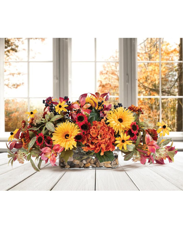 Hydrangea, Zinnia & Daisies Silk Flower Autumn Centerpiece