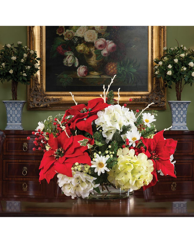 Poinsettia & Hydrangea Artificial Christmas Centerpiece