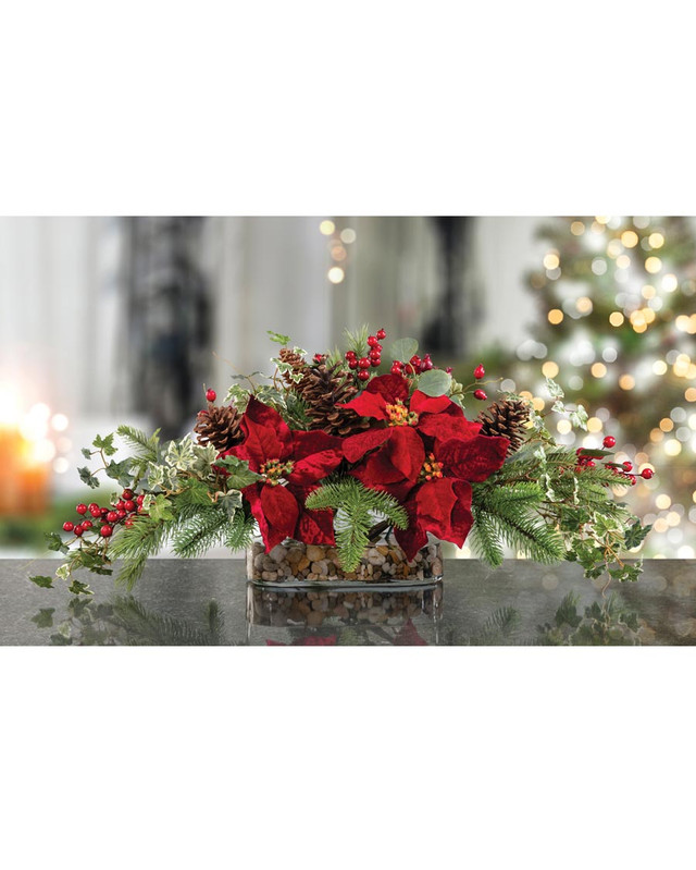 Plush Velvet Poinsettia, Pine & Berries Artificial Christmas Centerpiece