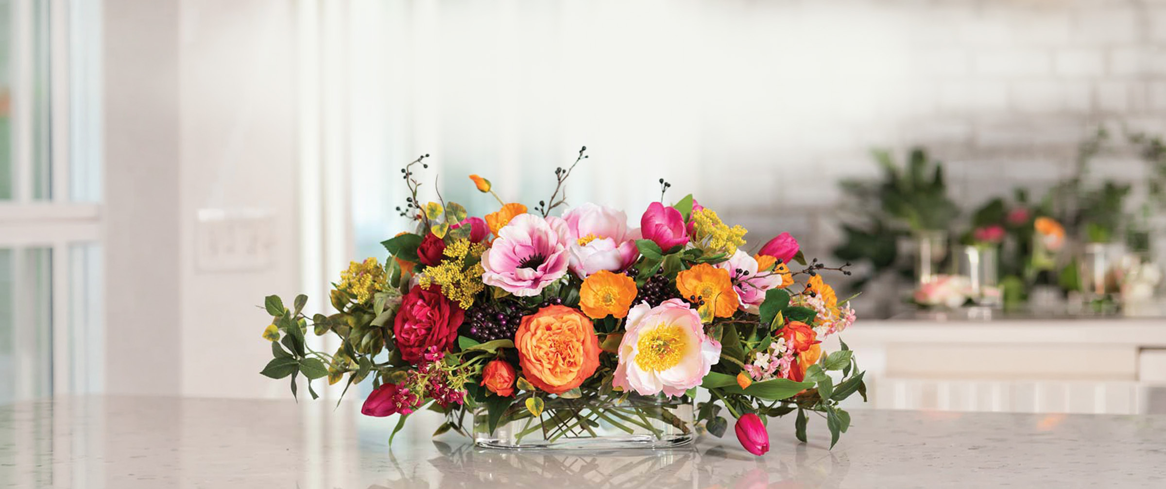 Luxury summer faux floral arrangement with soft seasonal greenery by Petals