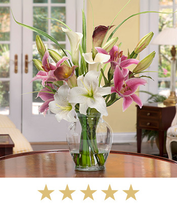 Best Selling Call Lily and Rubrum Lily Faux Flower Arrangement, available at Petals.