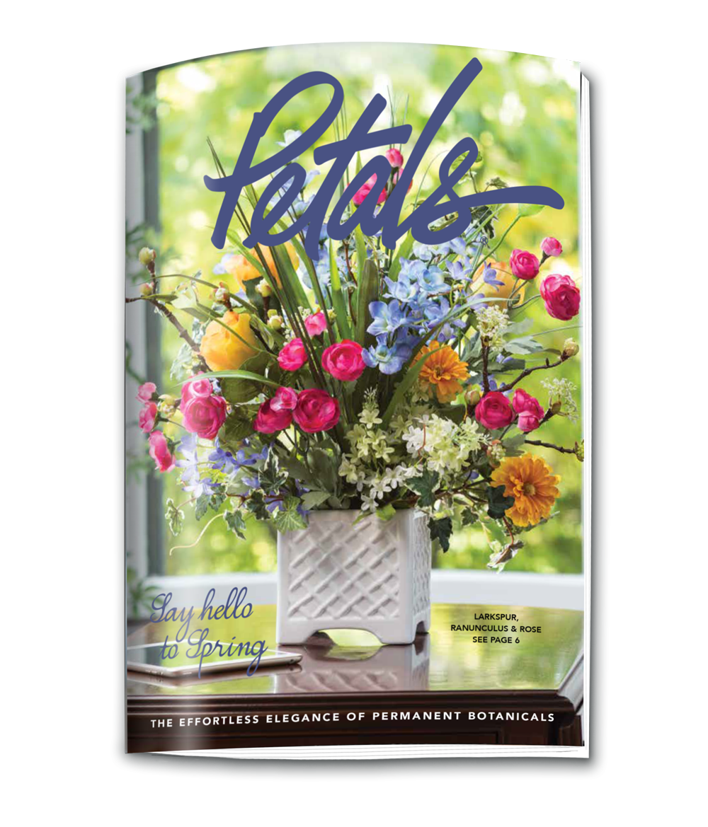 The petals catalog presents an extensive collection of handcrafted, premium-quality silk flower accents, centerpieces, plant and tree designs, and decorative containers. 