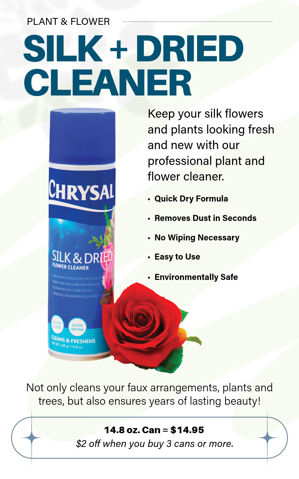 Silk and Dried Faux Flower Enviornmentally Safe Cleaner, available at Petals.