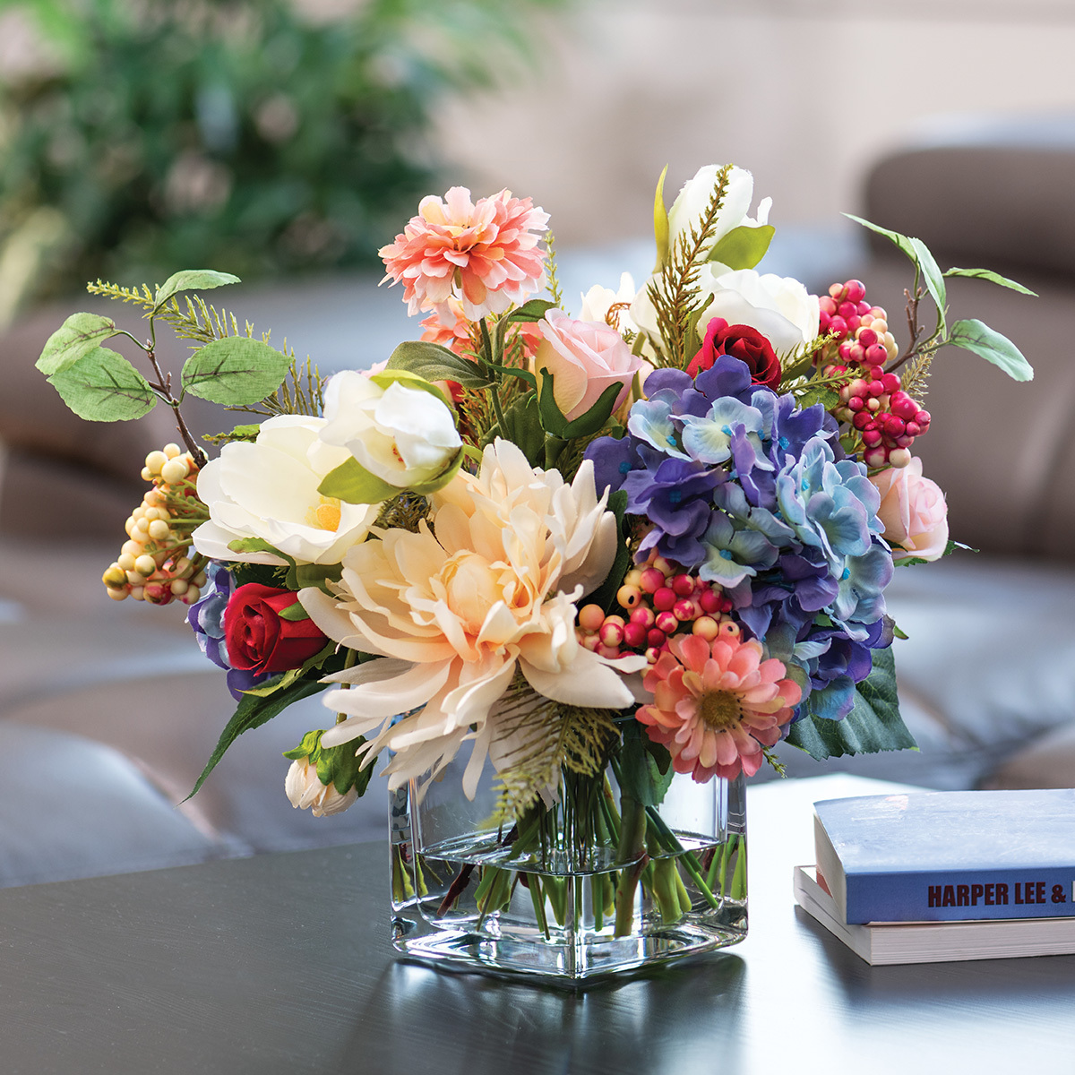 Dahlia, hydrangea, and berries faux flower centerpiece