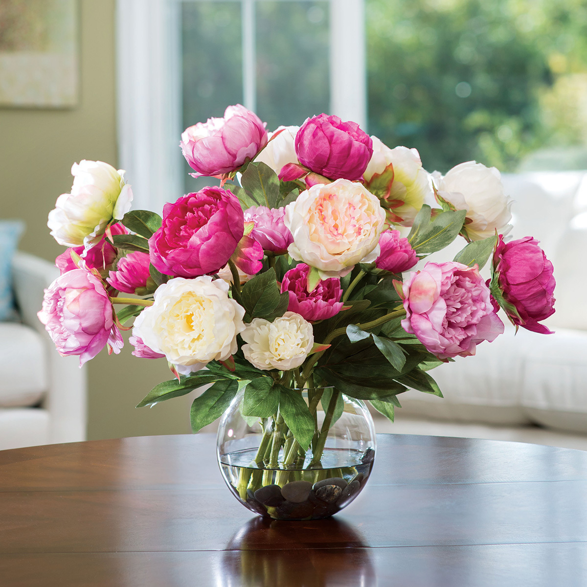 Peony faux centerpiece in a decorative container