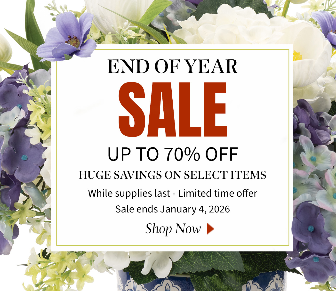 Shop The End of Year Sale - Save Up To 70% OFF Select Flowers, Plants, and Trees - While Supplies Last. Ends 1/4/2025.