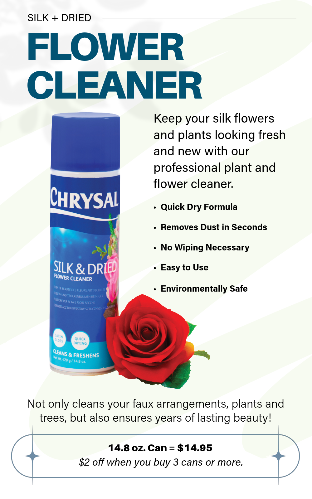 Silk Flower and Plant Cleaner, ideal for all silk flowers, artificial plant and trees. Restore Flowers and plants by wiping with this quick-dry water based formula, available at Petals. 