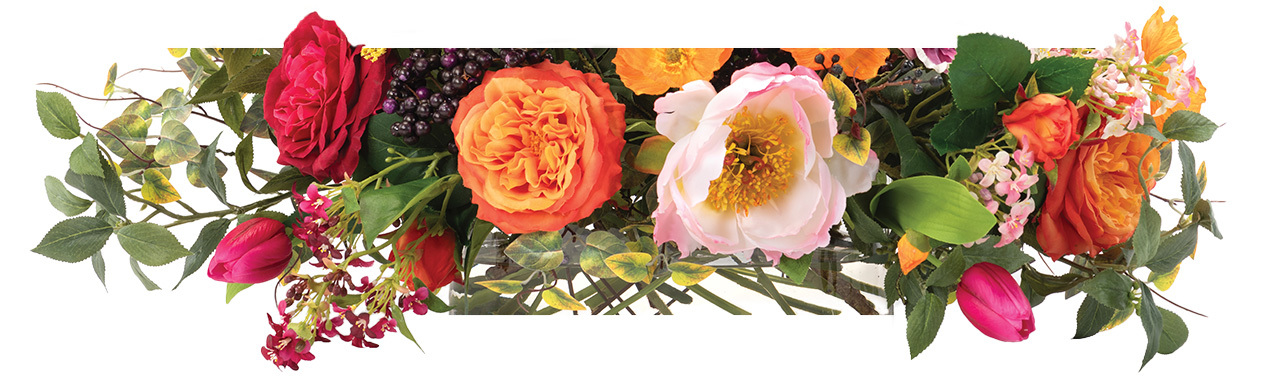 Colorful silk floral centerpiece banner with roses, tulips, and seasonal blooms