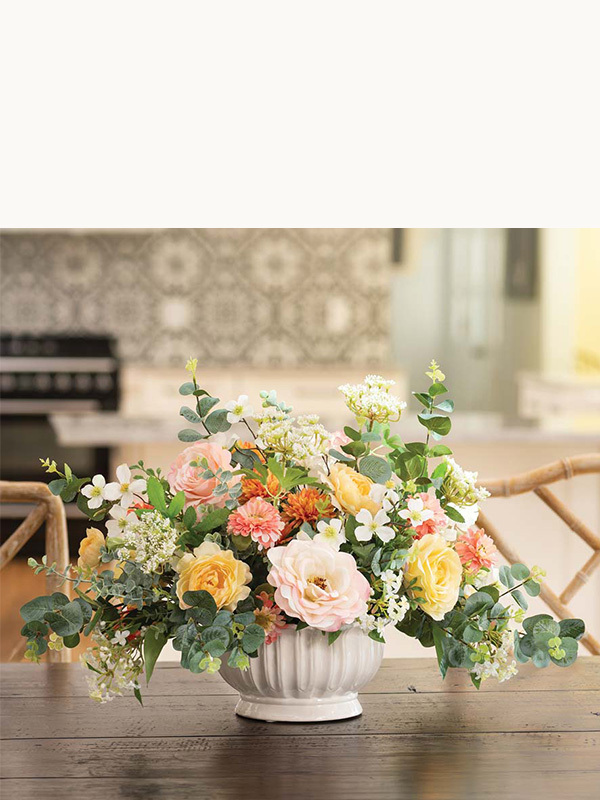 Luxury faux centerpiece arrangement by Petals with realistic artificial flowers for kitchen and dining tables, handcrafted silk floral décor with natural texture and color.