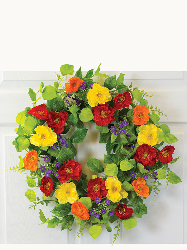 Elegant faux floral wreath by Petals featuring realistic flowers, greenery, and seasonal textures for front door decor, porch styling, and year round decorating.