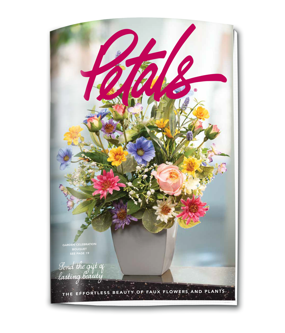 The petals catalog presents an extensive collection of handcrafted, premium-quality silk flower accents, centerpieces, plant and tree designs, and decorative containers. 