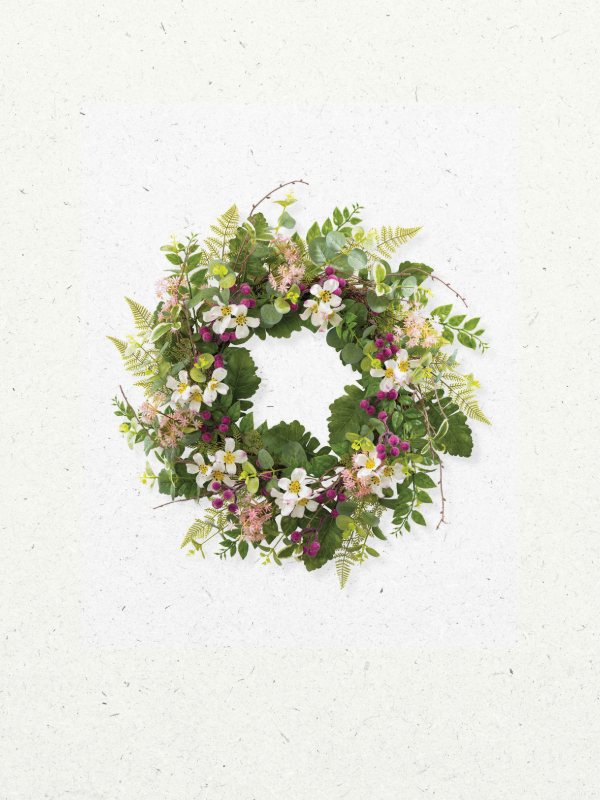 Faux spring wreath with greenery and blossoms from Petals
