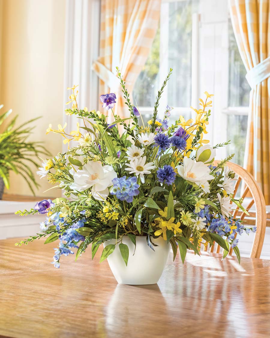 Magnolia, Larkspur & Daisy Silk Flower Arrangement