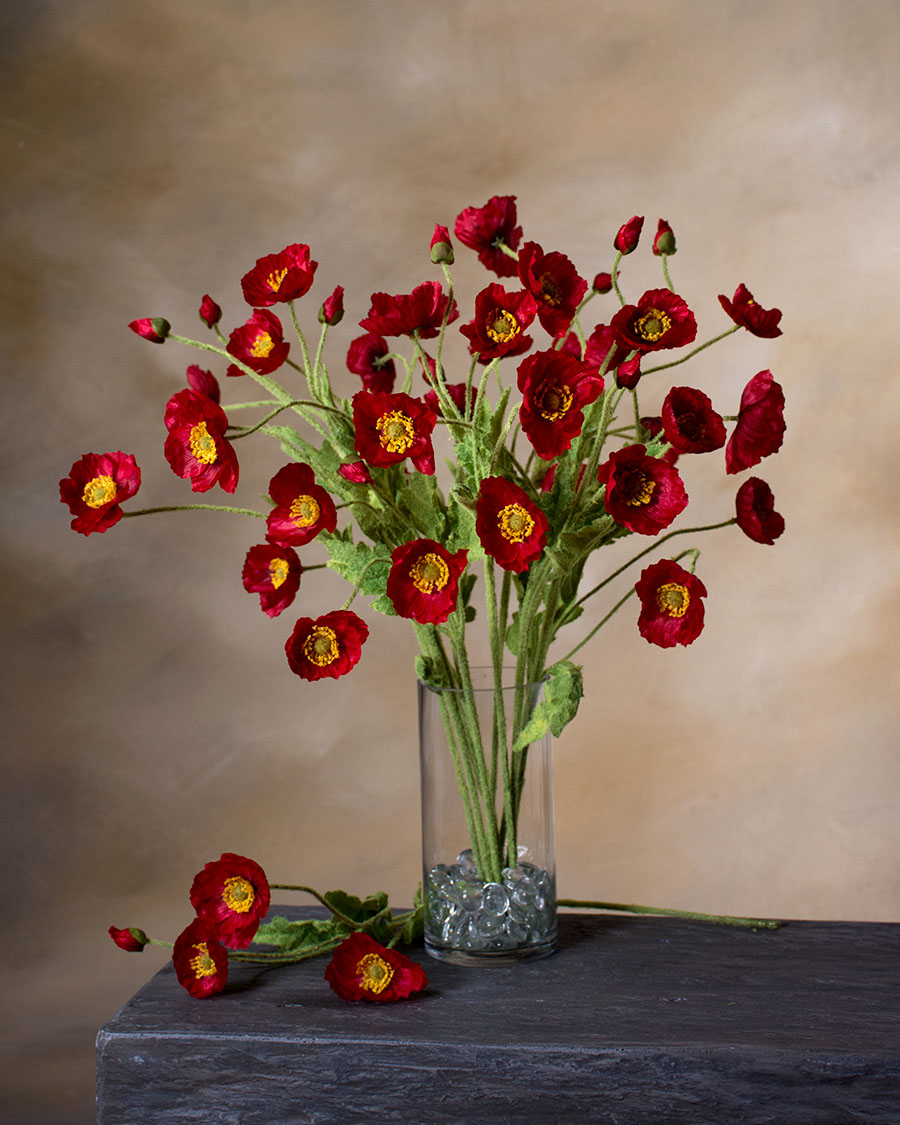 Artificial Silk Flower Arrangement In Red Poppies In Black Modern