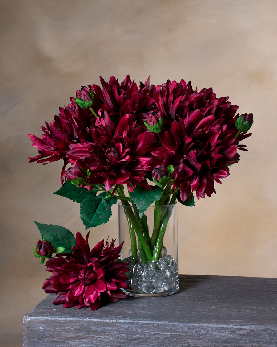 6 Blooming Deep Purple Dahlia, Artificial Flower Stem, Floral