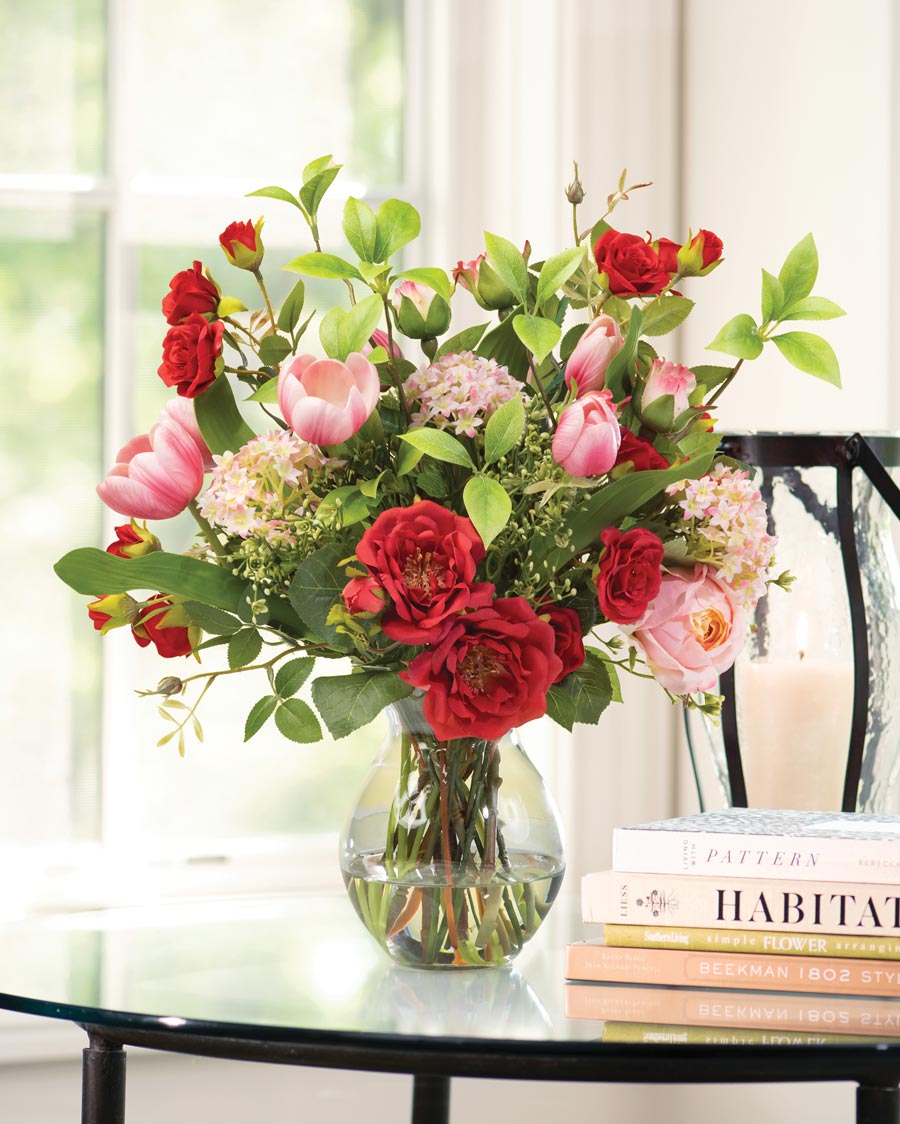 Rose and Hydrangea Faux Flower Arrangement With Clear Glass Vase