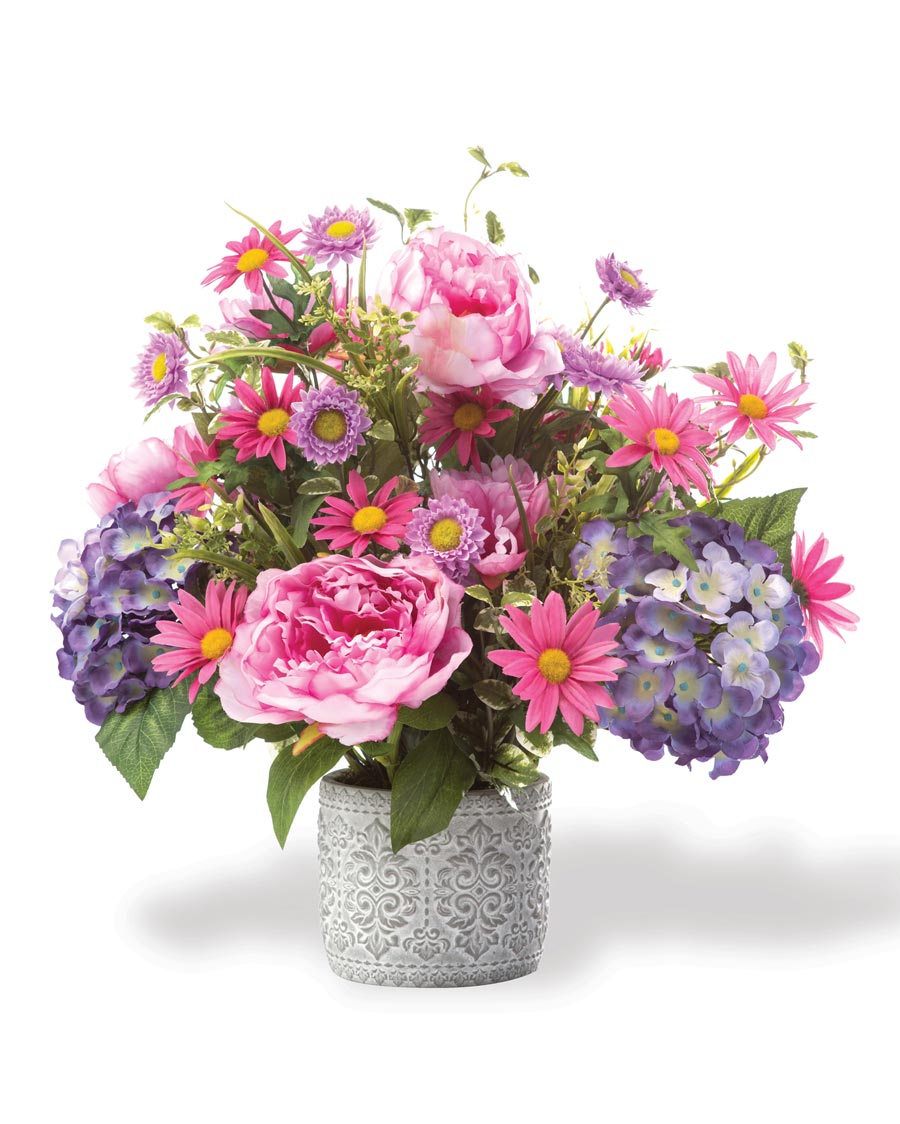 Buy romantic Peony, Hydrangea & Daisy silk flower arrangement at Petals.