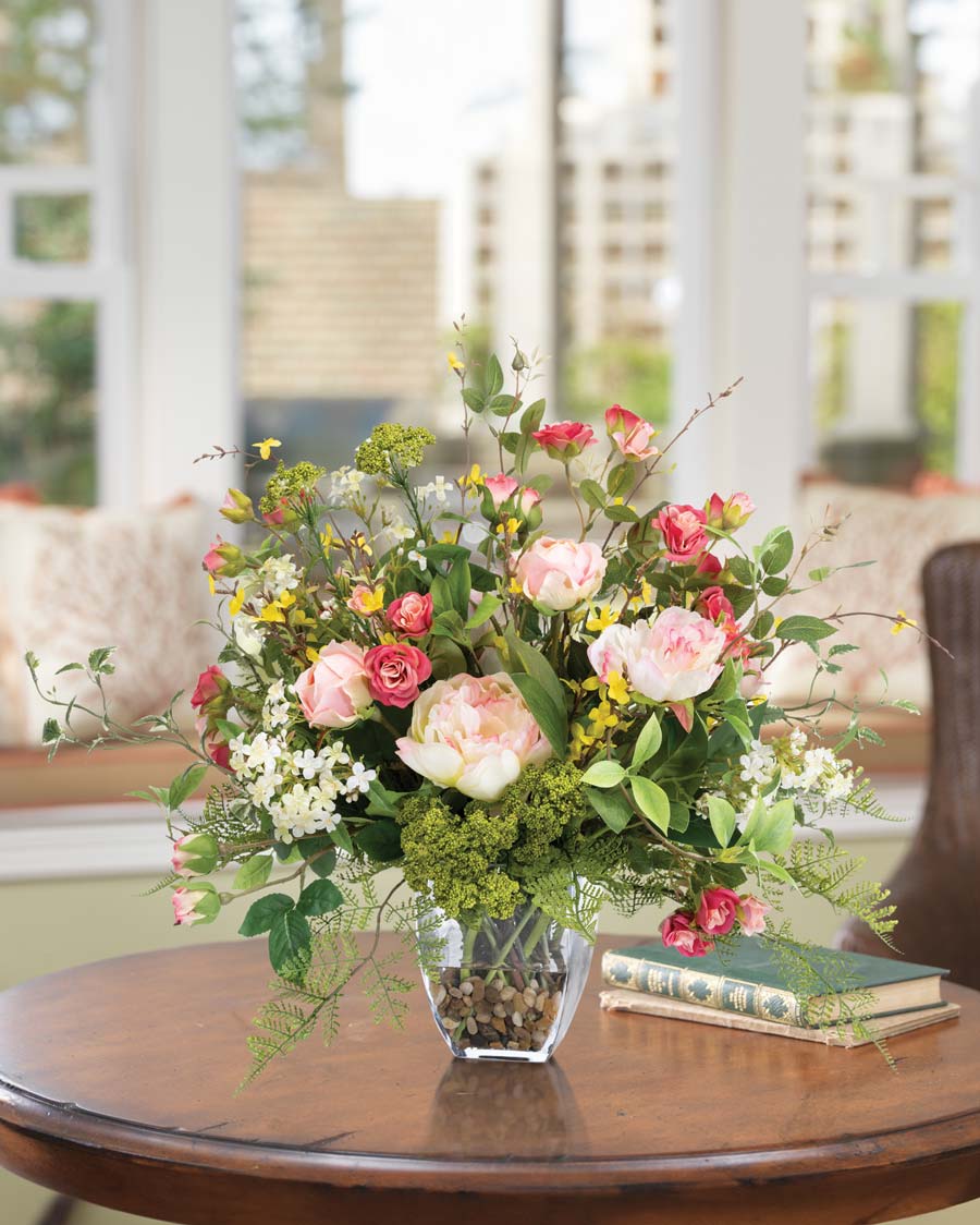 Roses, Forsythia & Peonies Faux Flower Centerpiece