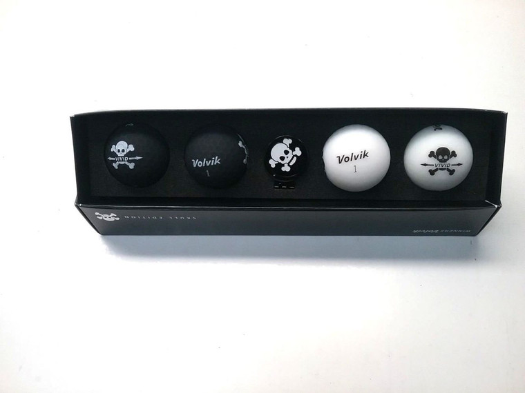 Volvik Vivid Skull Edition Golf Balls (4pk, Black & White) w/ Ball Marker NEW