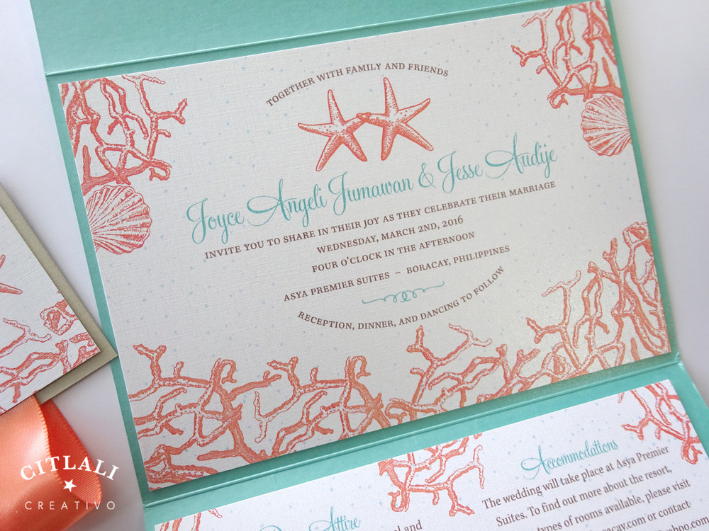 Starfish Coral Reef Beach Pocket Wedding Invitations