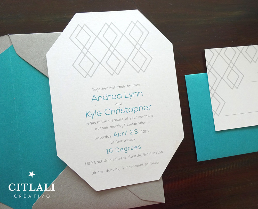 Teal & Grey MidCentury Modern Diecut Wedding Invitations Citlali