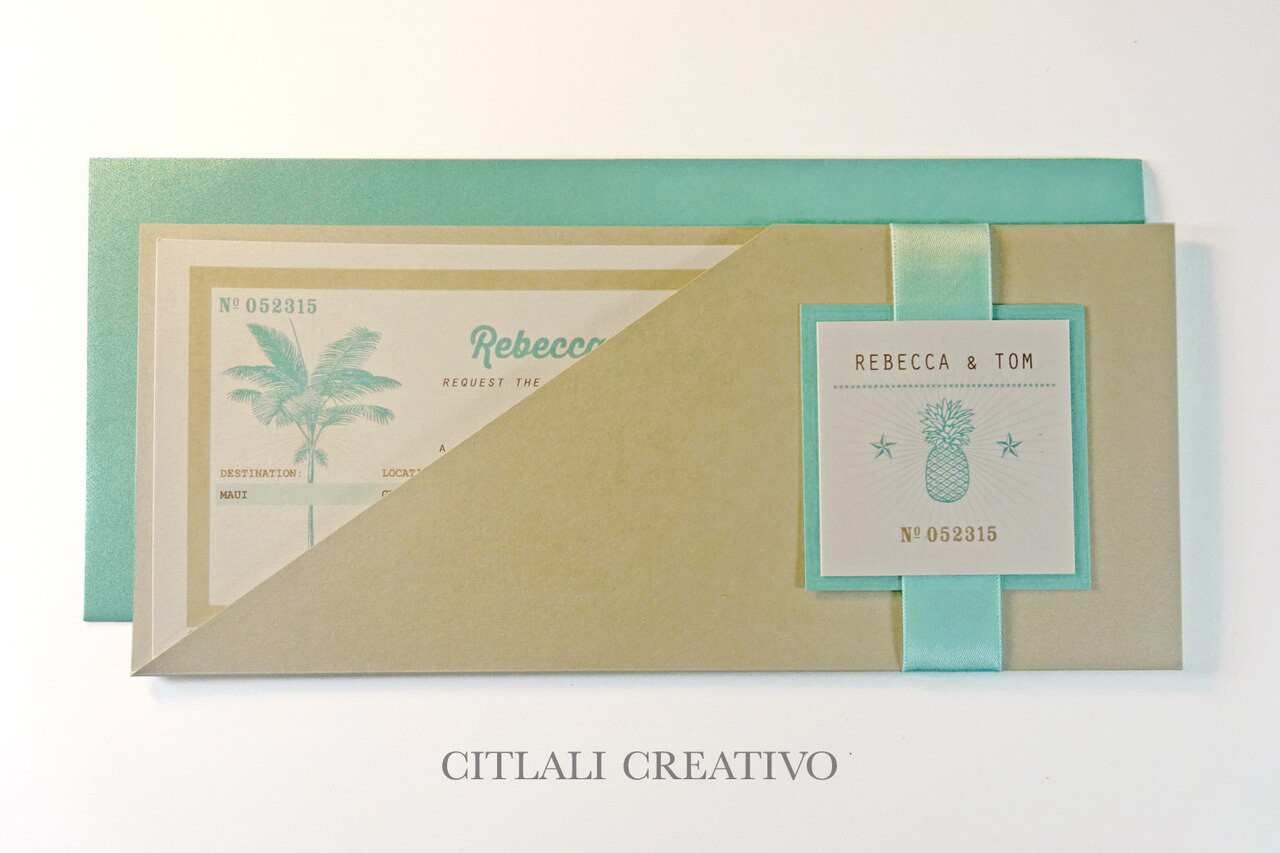 Palm Tree Ticket Destination Wedding Invitation in Sleeve - Citlali  Creativo LLC