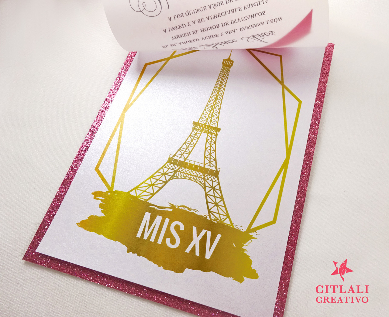 Rose Gold Glitter Eiffel Tower Laser Cut Quinceañera Invitation with Ribbon  CLXV001