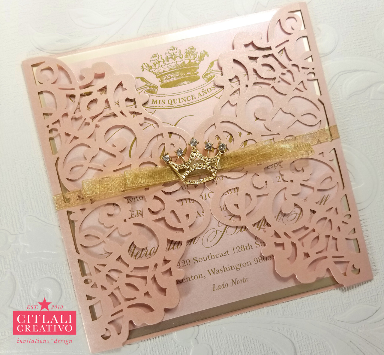 Pink & Gold Rhinestone Crown Tiara Laser Cut XV Quinceañera Invitations -  Citlali Creativo LLC