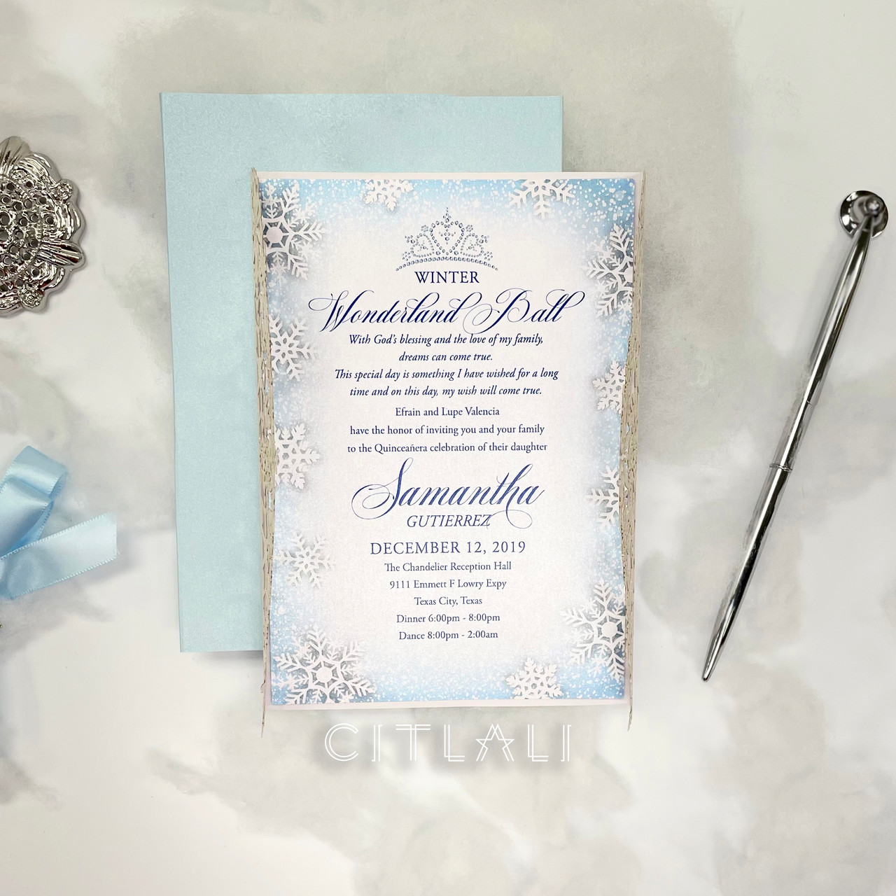 Snowflake Winter Wonderland Quinceanera Invitations Personalized