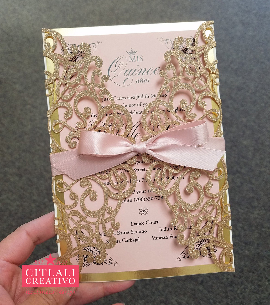 Elegant Quinceanera Invitations with Gold Foiled Writing