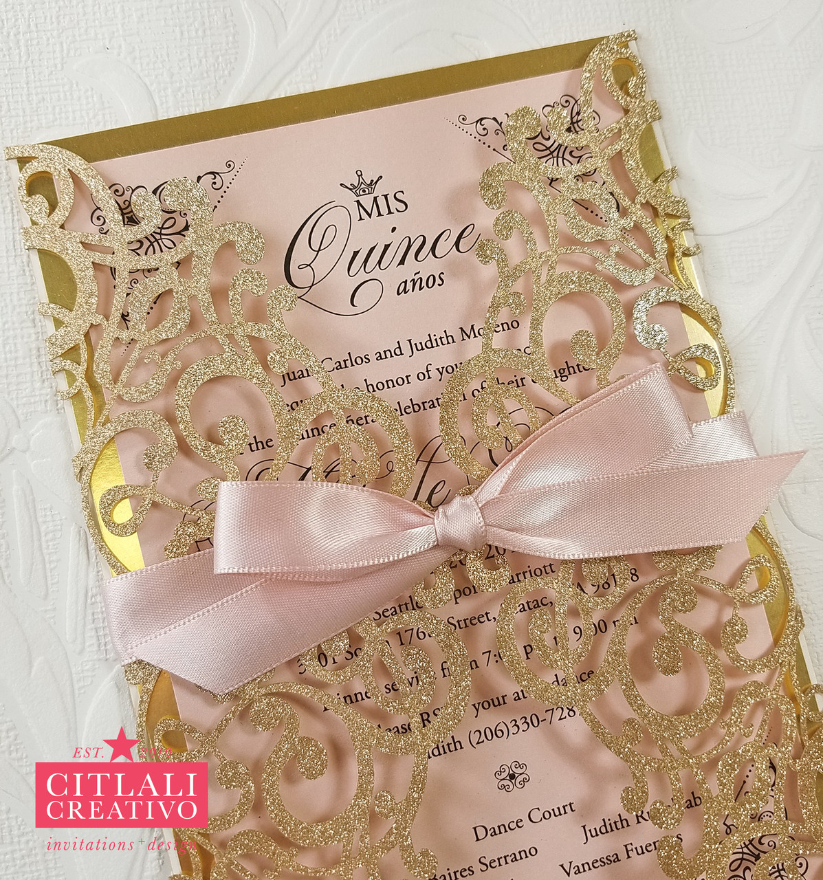 Elegant Quinceanera Invitations with Gold Foiled Writing