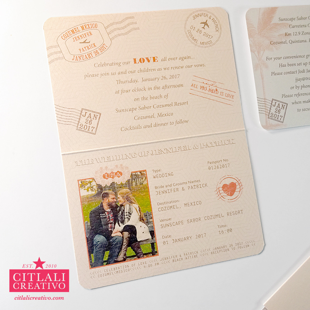 Palm Tree Ticket Destination Wedding Invitation in Sleeve - Citlali  Creativo LLC