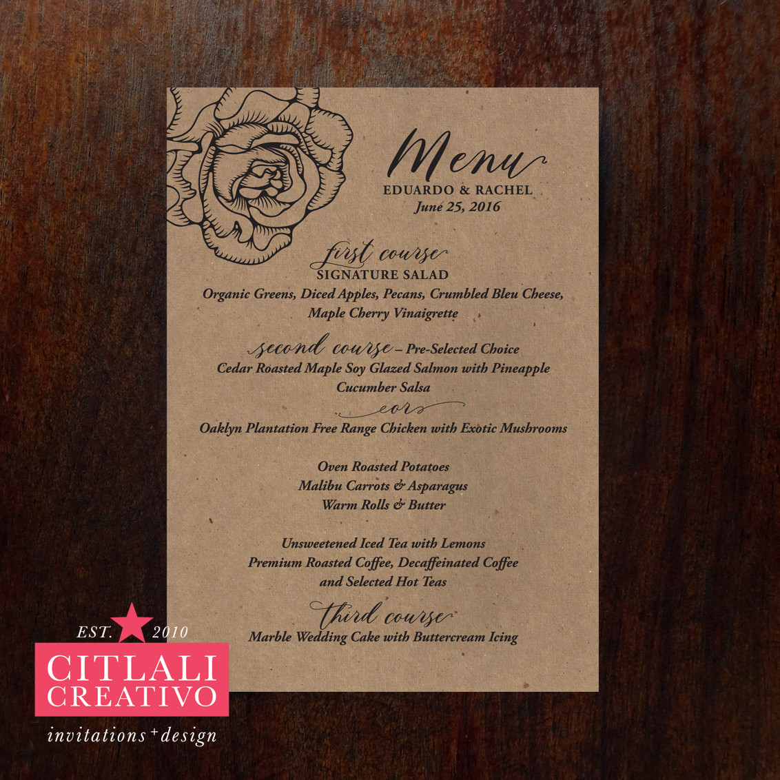 Kraft Rose Wedding Menu Cards Citlali Creativo Llc