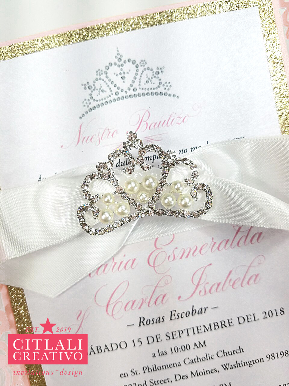 Rose Laser Cut + Crown Tiara Rhinestone Ribbon Baptism Invitations