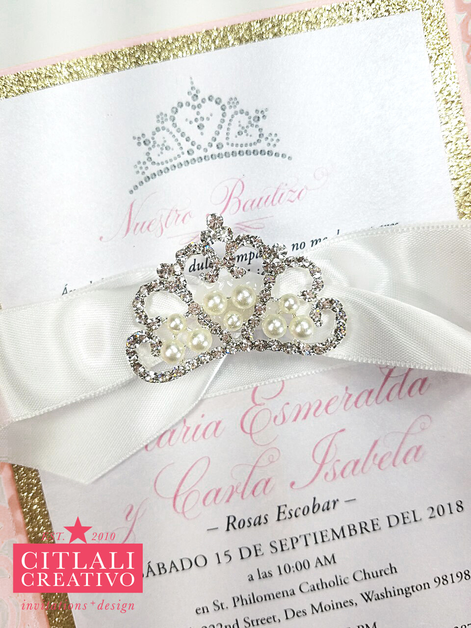 Pink & Gold Rhinestone Crown Tiara Laser Cut XV Quinceañera Invitations -  Citlali Creativo LLC