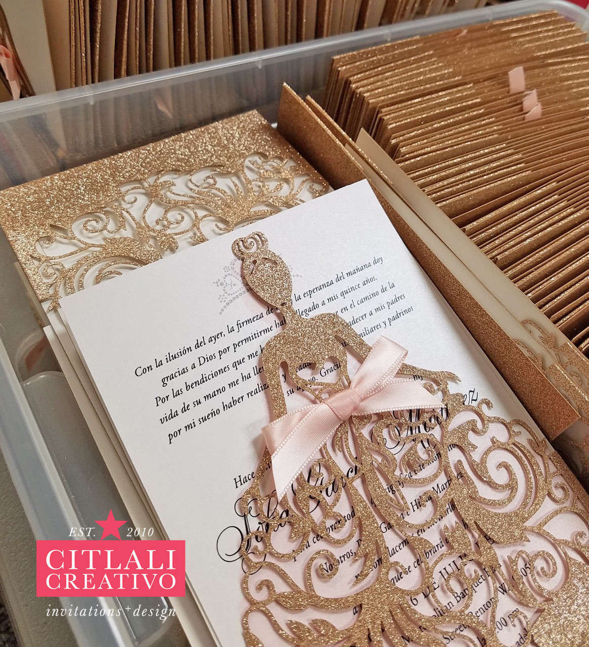 Champagne Gold Glitter Dress Silhouette Princess XV Invitations - Citlali  Creativo LLC