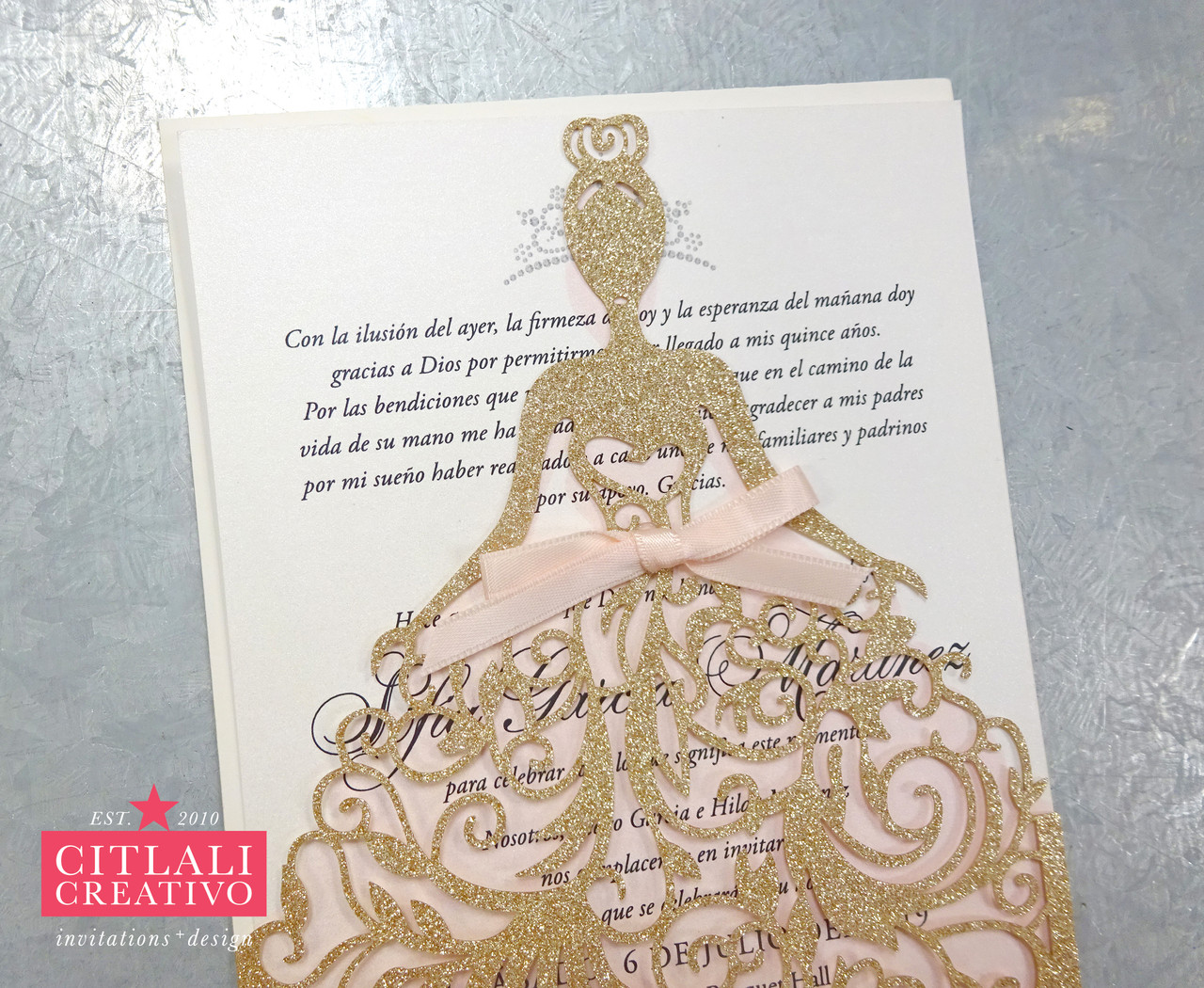 Champagne Gold Glitter Dress Silhouette Princess XV Invitations