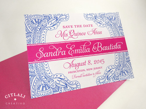 Quinceañera Floral Paisley Henna Save the Date Card in hot pink & cobalt blue