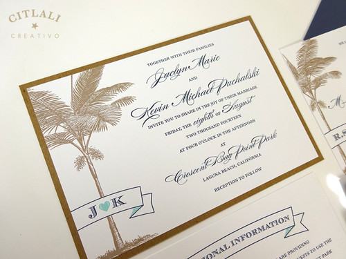 Palm & Banner Wedding Invitation in Kraft & Navy and a tiny pop of blue/aqua