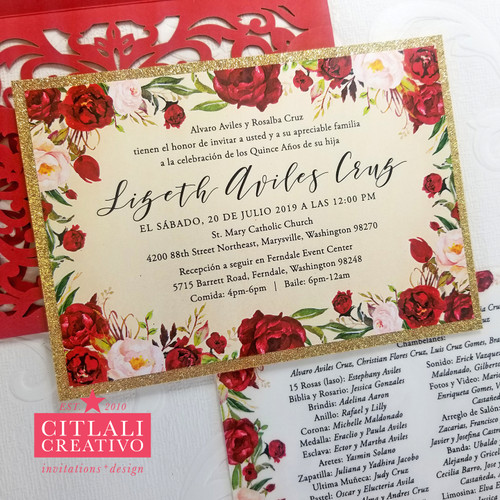 Red Roses Gold Glitter Quinceañera Laser Cut Invitations