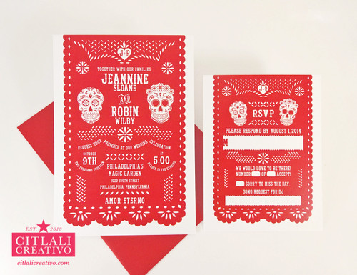Festive Red Papel Picado & Sugar Skulls Wedding Invitations