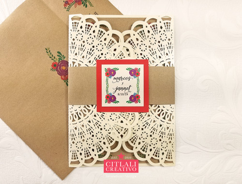 Mexican Embroidery Kraft & Ivory Lace Laser Cut Wedding Invitations