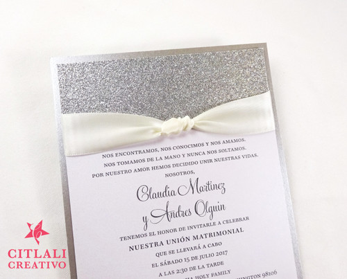 Tying the Knot Glitter Ribbon Wedding Invitations